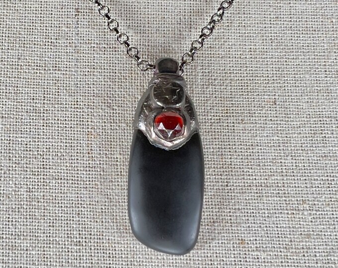Mens Necklace with black ONYX frosted w/Hessonite w/ stainless steel chain, Gift for Him, symbolizes Strenght, Protection and Self-Control.