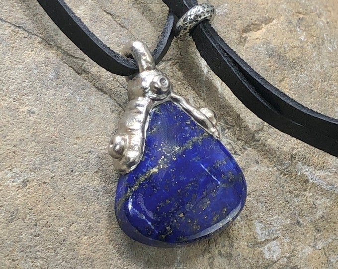 LAPIS LAZULI Necklace on Leather, Pendant, Palladium plated, BoHo-Style, Gemstone, Yoga Jewelry,  Unisex, Spiritual Jewelry, Yoga Style