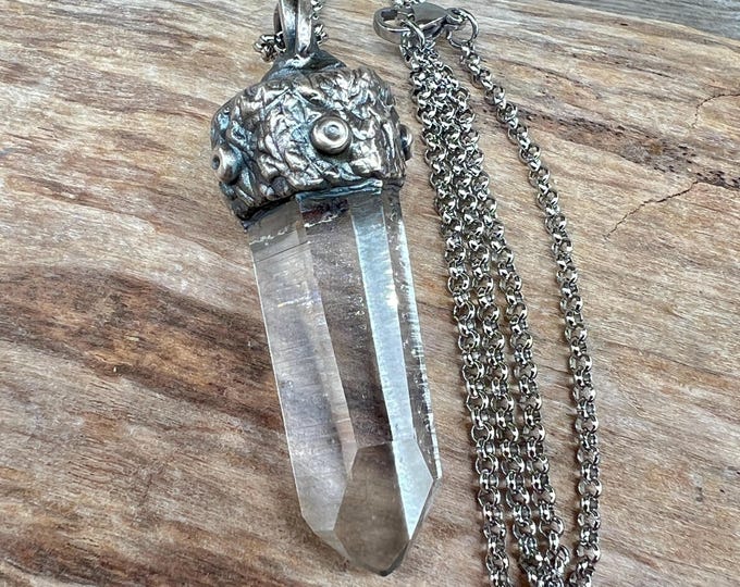 Rock Crystal Point, Pendant, Neckace, Palladium plated, with Chain, Spiritual Crystal, Natural Crystal, symbolizes Clarity and Purity.
