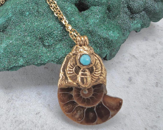 AMMONITE with Scarab and Turquoise Necklace, 22K gold plated. Fossil Ammonite. Symbolizes of evolution, spiritual growth, protection.
