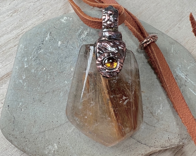 RUTILATED QUARTZ - Necklace, Pendant, Copper and oxidized, Angel hair inclusions, Stone, Spiritual Crystal, Bijou, Charm, Keepsake, Talisman