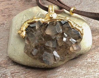 Large SMOKY-ROCK-CRYSTAL Quartz Cluster Necklace/Pendant, Switzerland, 15 Mill year old, Smoky Quarz uncut, raw Cluster, Magic Nature Unique