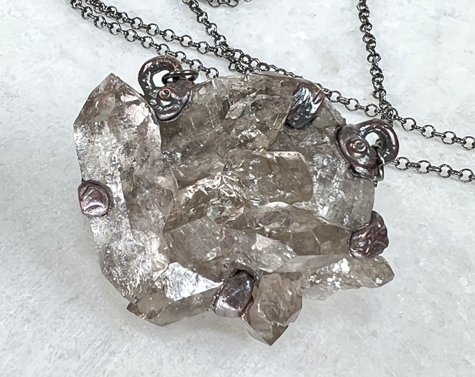 SMOKY-CRYSTAL Quartz Cluster Pendant, Copper oxidized, Swiss Alps, Switzerland,  Chain 24", Quality Crystal, Magic Nature, Talisman, Boho