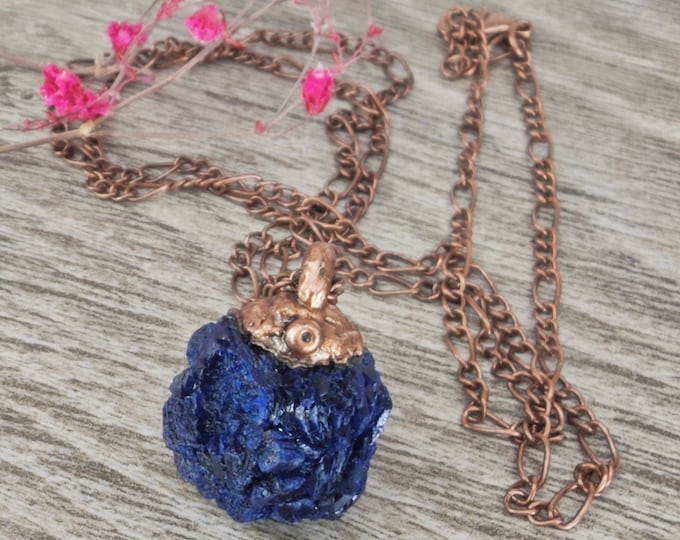 AZURITE rose crystal mineral, Pendant, Necklace with stainless steel chain, Mother Earth Jewelry, Avantgarde Jewelry, Boho