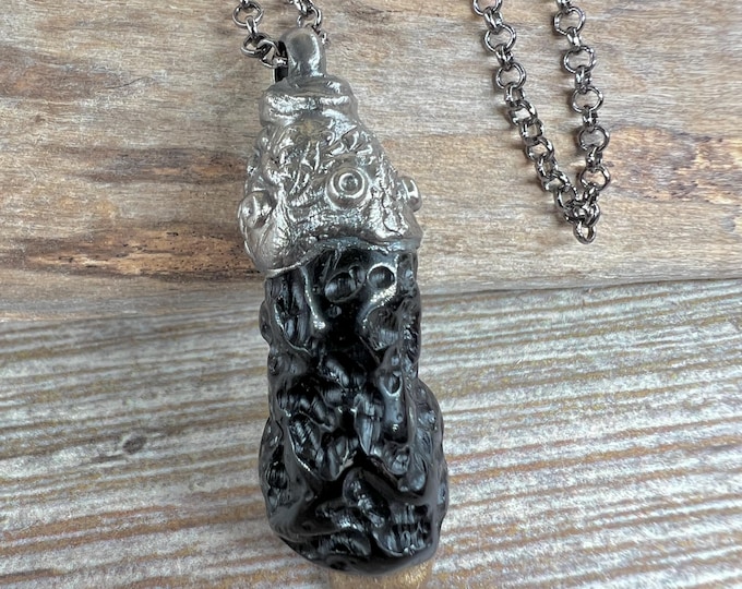 Natural Black TEKTITE raw Pendant, Palladium plated, Yoga Spiritual Metaphysical, Meteorite, symbolizes Connection to the Cosmos.