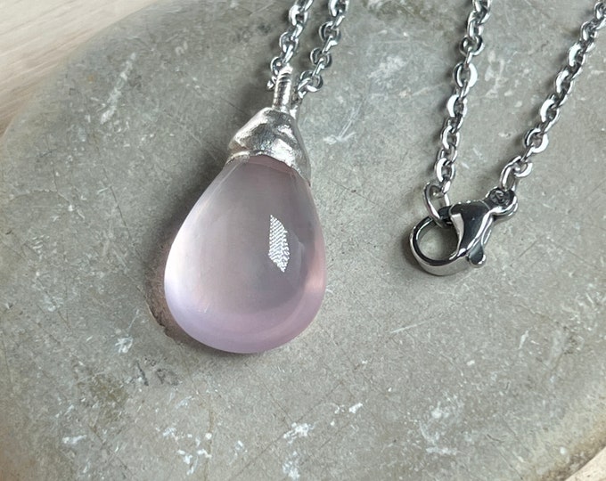 AA Quality Natural Rose Quartz Pendant, Palladium plated, with stainless steel chain, Precious Gem Quality, transparent Rose Quartz.
