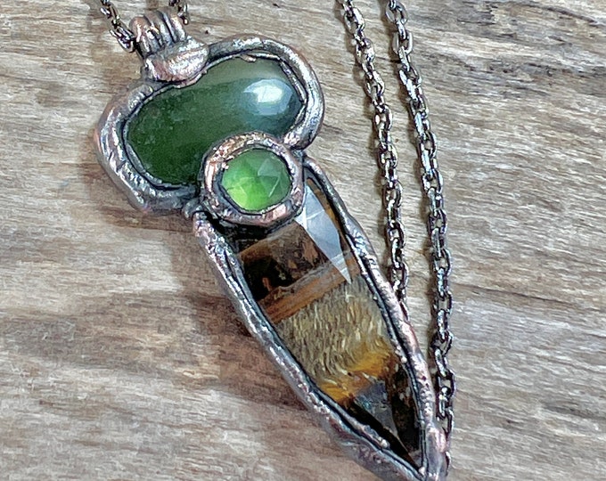 SERPENTINE-TIGEREYE Shield Shape, Pendant Necklace, Magic Nature, Copper and Palladium MIX, Crystal Quartz, Natural, Spiritual Jewelry
