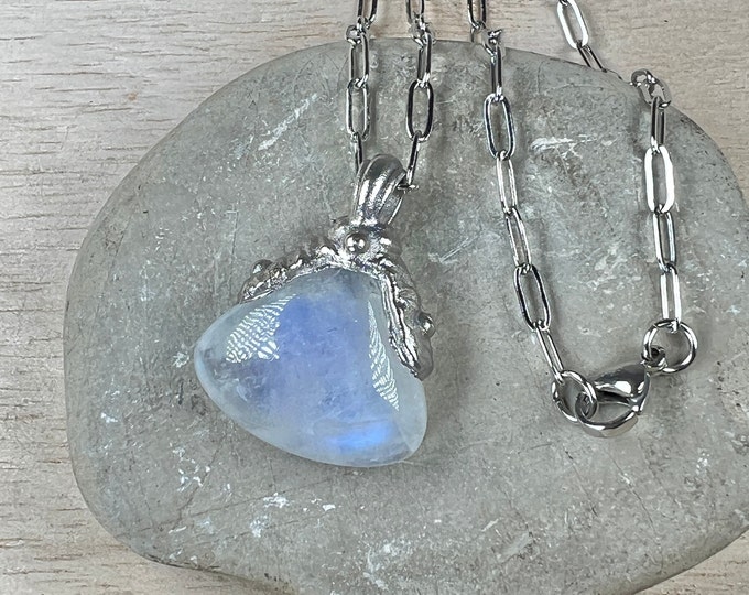 Rainbow MOONSTONE Necklace, Pendant, Palladium plated, with stainless steel chain, Precious, Spiritual Jewelry, Rainbow Moonstone, Gemstone