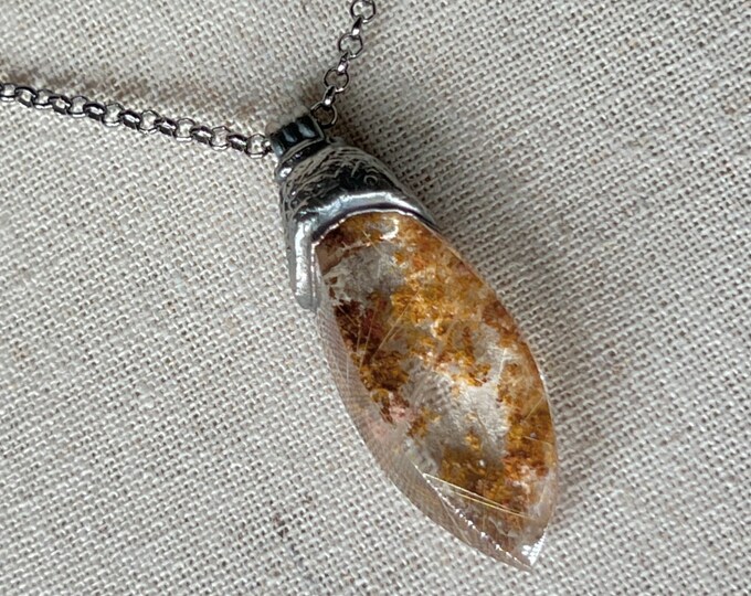 GARDEN LODOLITE Quartz Pendant Necklace, Magic Nature, Copper + Palladium mix, oxidized, Crystal Quartz, Natural, gift for boyfriend.
