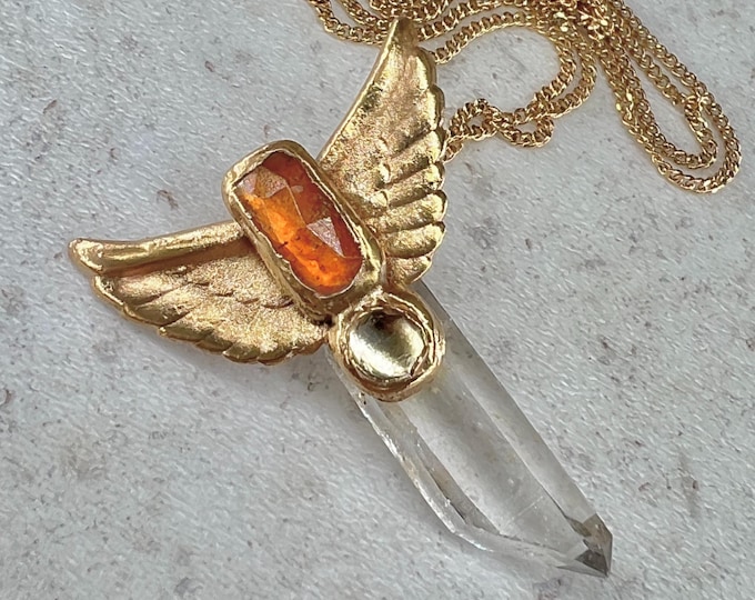 Rock Crystal Point, Pendant, w/ Angel Wings w/Kyanite, Guardian Angel Necklace, symbolizes Protection and Guardianship, Clarity and Purity.