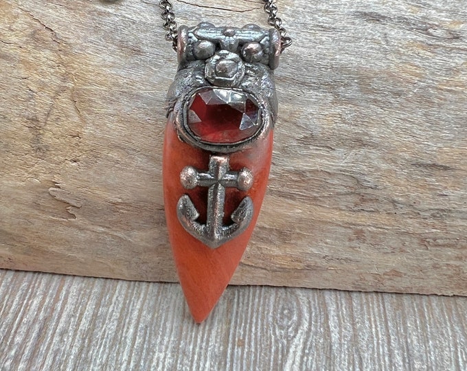 RED JASPER w/Anchour Symbol w/Hessonite, Necklace, Pendant, copper oxidized, with stainless steel chain, Crystal, Gift for Him, Boho