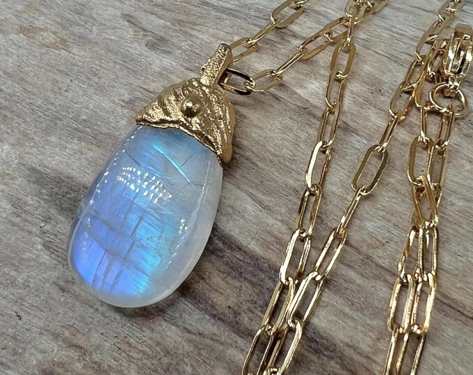 MOONSTONE Necklace, Pendant, 22k gold plated, with stainless steel chain, Precious, Spiritual Jewelry, Rainbow Moonstone, Gemstone