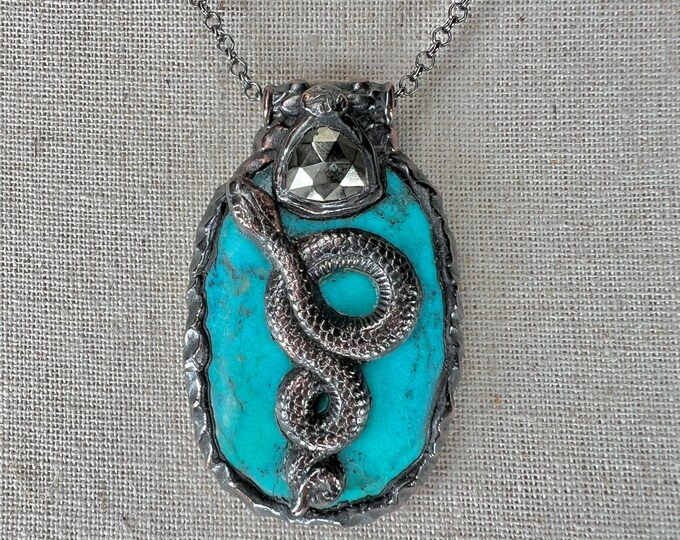 MEXICAN TURQUOISE Necklace, Pendant, with Rattlesnake Ornament w/stainless steel chain, symbolizes power, protection, wisdom and survival.