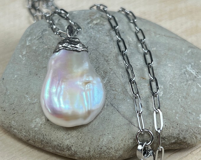 Large BAROQUE PEARL stainless steel chain -  Necklace, Pendant, Palladium plated, Pearl Necklace, Organic, Quality and Precious.