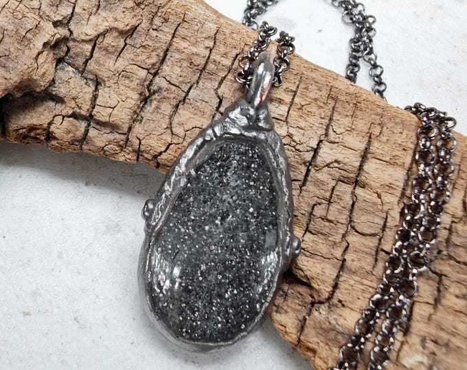Natural Black Aventurine Quartz Crystal, Pendant Necklace copper blackened, oxidized. Symbolizes grounding, protection, self-discipline.
