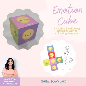 Op de afbeelding: Een printbare emotiewafel met zes zijden, elk met een ander cartoon gezicht dat een andere emotie uitdrukt. De wafel is roze, geel, groen en paars. De tekst "Emotion Cube" is geschreven in een groot, geel lettertype. De tekst "Bevat 2 welzijnsactiviteiten met een kleur-in optie" is geschreven in een kleiner, geel lettertype. De tekst "DIGITAAL DOWNLOADEN" is geschreven in een kleiner, zwart lettertype.