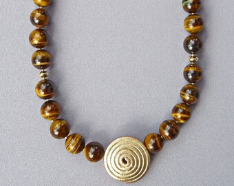Necklace 'Big Tiger's Eye with Golden Spiral'