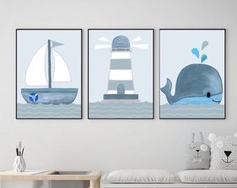 Poster maritim Kinderzimmer - Kinderzimmer Deko Junge - Kinderzimmerbilder Wal Segelboot Leuchtturm