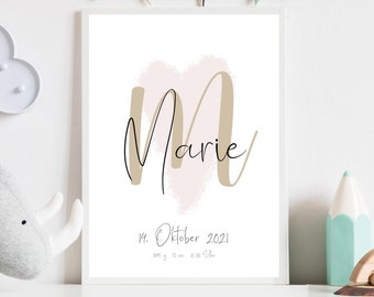 Personalized birth poster for girl, poster with initials, letter, gift for birth, baptism girl, baby gift