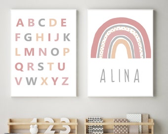 ABC Poster Buchstaben Alphabet, Namensposter Regenbogen, Lernposter Set Kinderzimmer, Kinderzimmer Deko Buchstaben, Bilder für Mädchen