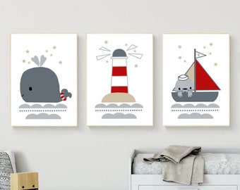 Poster Kinderzimmer Bilder Junge maritim, Wanddeko, Wandbilder, Deko Baby Geburt, Babyzimmer Kunstdruck A4, PDF, Wal, Leuchtturm, Boot