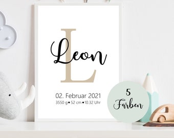 Geburtsanzeige personalisiert für Junge, Mädchen, Buchstabe, Poster mit Initialen, Geschenk zur Geburt, Taufe, Babygeschenk