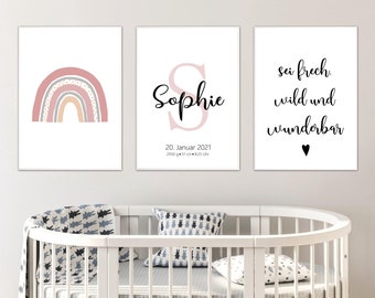 Sei frech, wild und wunderbar, Wandbilder Kinderzimmer, Poster 3er Set, Buchstaben Babyzimmer Regenbogen Poster Mädchen Nursery Wanddeko