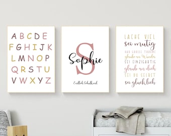 Personalisiertes Geschenk zur Einschulung Mädchen, ABC Poster Set, Alphabet, Namesposter Buchstaben, Sprücheposter, Lernposter Kinderzimmer