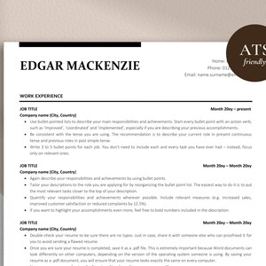 May include: A black and white resume template with the title "Edgar Mackenzie" and the heading "Work Experience". The template includes instructions on how to write a resume, including using bullet points, tailoring descriptions to the role, quantifying responsibilities and achievements, and using bold numbers.
