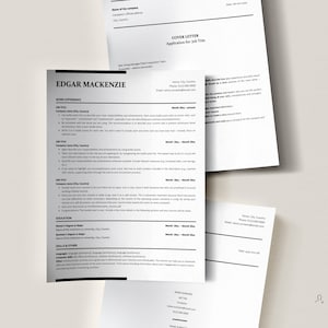 May include: A black and white resume template with the name Edgar Mackenzie at the top. The resume includes sections for work experience, education, and skills and other.