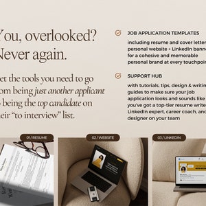 Job search templates including a resume template, website template, and LinkedIn banner template with support hub and resume writing guides.