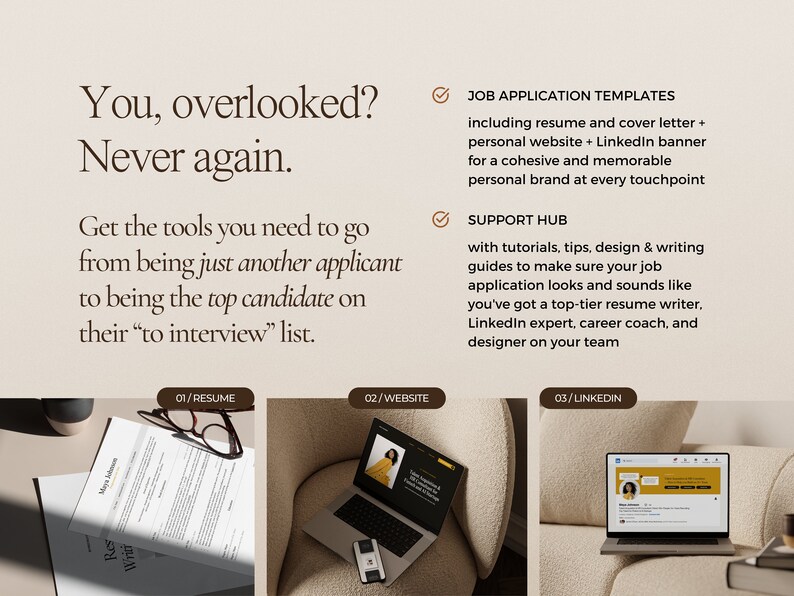 Job search templates including a resume template, website template, and LinkedIn banner template with support hub and resume writing guides.
