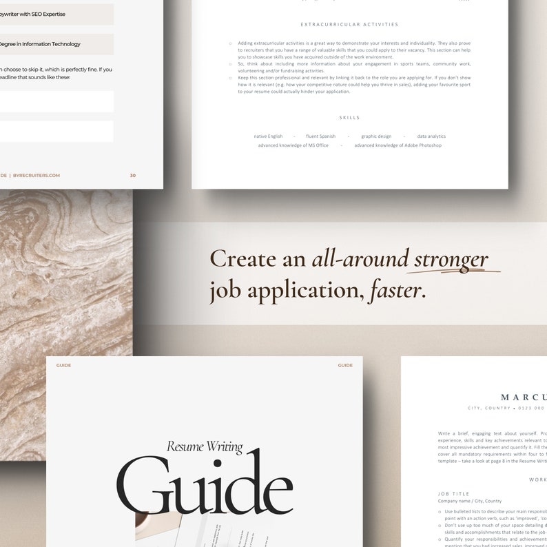 May include: A guide for writing a resume and job application. The guide includes tips on writing a resume, cover letter, and job application. The guide also includes information on how to create a stronger job application.