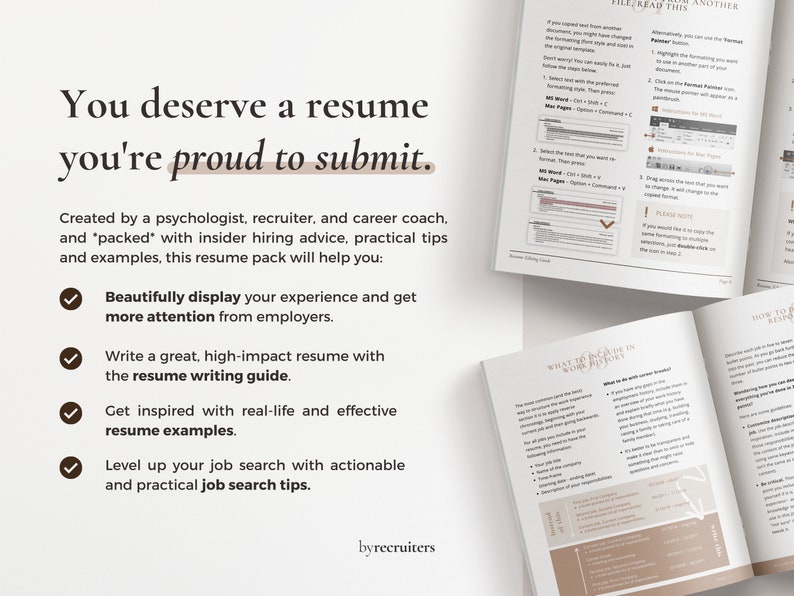 May include: A resume guide with a checklist of four benefits: beautifully display your experience, write a high-impact resume, get inspired with real-life examples, and level up your job search with actionable tips. The text "You deserve a resume you're proud to submit." is at the top of the page.