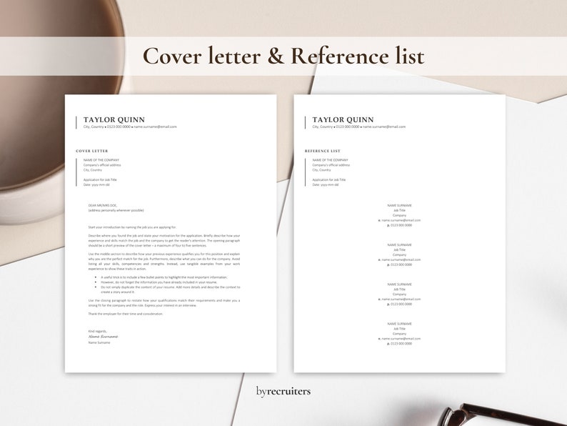 May include: A black and white cover letter and reference list template with the text "Cover letter & Reference list" at the top. The template is designed for a job applicant to use when applying for a job.