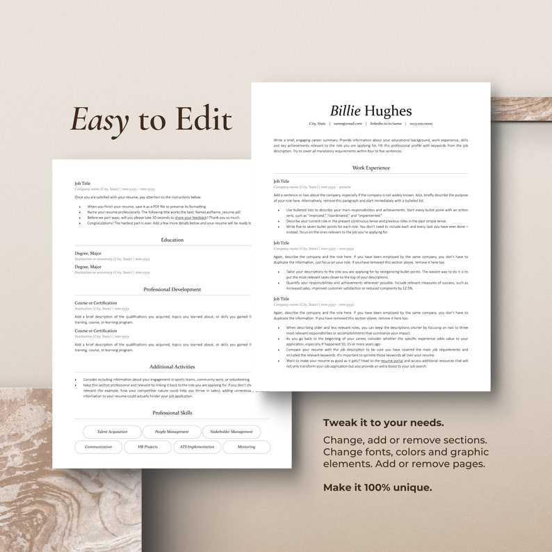 Easy to edit and fully customizable two-page resume template on a beige marble background. Minimalist, professional CV template for 2024.