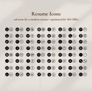 Ícones de currículo, download instantâneo de 128 ícones pretos para um currículo, incluindo detalhes de contato, informações pessoais e ícones de seção de currículo