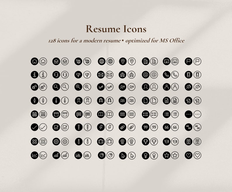 May include: A set of 128 black and white icons for resumes, optimised for MS Office, displayed in a grid. The icons include symbols for home, email, phone, and more. Text at the top reads "Resume Icons".