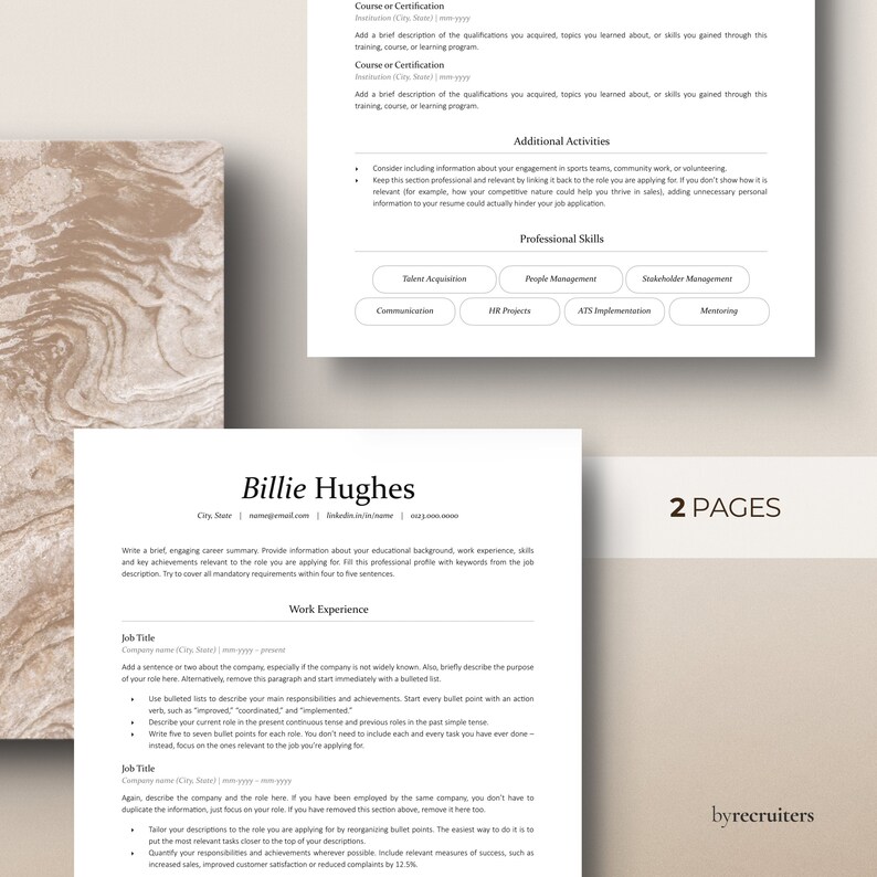 Minimalist, clean two-page ATS resume template on a beige marble background. ByRecruiters logo at the bottom.