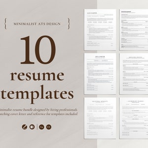 Könnte beinhalten: Ein Satz von 10 minimalistischen Lebenslaufvorlagen, die von Personalvermittlern entworfen wurden. Der Text "{ MINIMALIST ATS DESIGN } 10 resume templates" ist in brauner Schrift auf einem hellgrauen Hintergrund dargestellt. Die Lebenslaufvorlagen sind in Schwarzweiß auf weißem Hintergrund dargestellt. Der Text "Matching cover letter and reference list templates included." ist in schwarzer Schrift auf einem hellgrauen Hintergrund dargestellt. Der Text "Π A4 US" ist in schwarzer Schrift auf einem hellgrauen Hintergrund dargestellt.