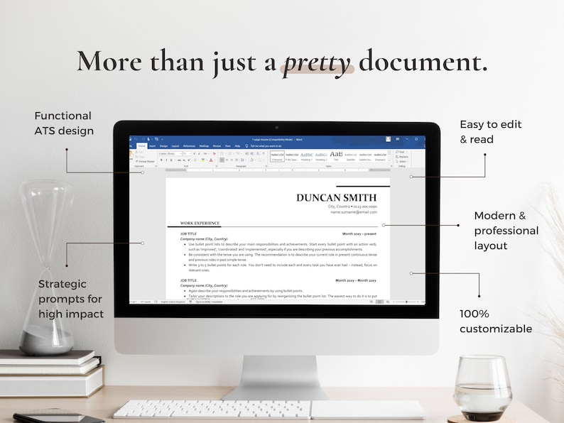 Puede incluir: Una pantalla de ordenador que muestra una plantilla de curr&iacute;culum en un programa de procesamiento de textos. La plantilla de curr&iacute;culum es moderna y profesional con un dise&ntilde;o limpio. El texto en la pantalla dice "DUNCAN SMITH".