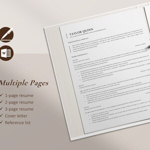 K&ouml;nnte beinhalten: Eine professionelle Lebenslaufvorlage mit mehreren Seiten, darunter ein 1-, 2- und 3-seitiger Lebenslauf, ein Anschreiben und eine Referenzliste. Der Lebenslauf befindet sich in einem Ordner und tr&auml;gt oben den Namen "TAYLOR QUINN".