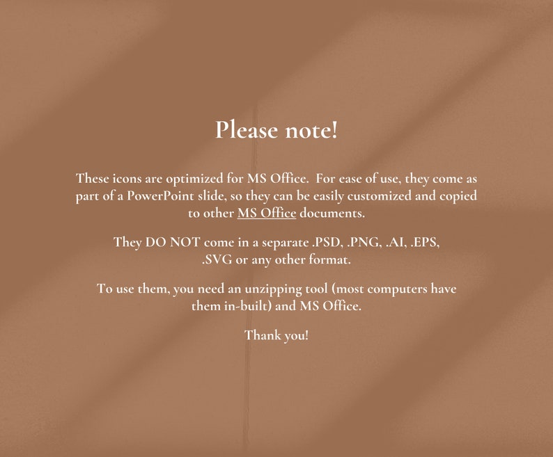 May include: A tan background with white text. The text reads "Please note!" and provides instructions for using icons optimized for MS Office. The icons are part of a PowerPoint slide and not a separate format.