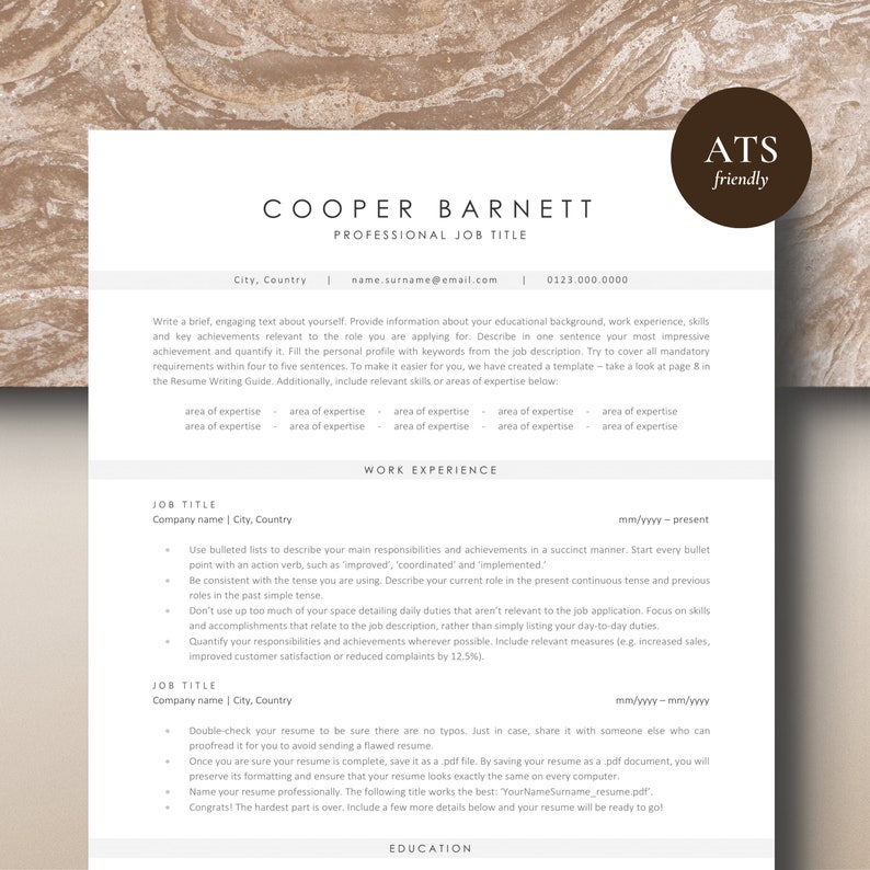 Executive ATS resume template on a beige marble background. Minimalist CV template for 2024.