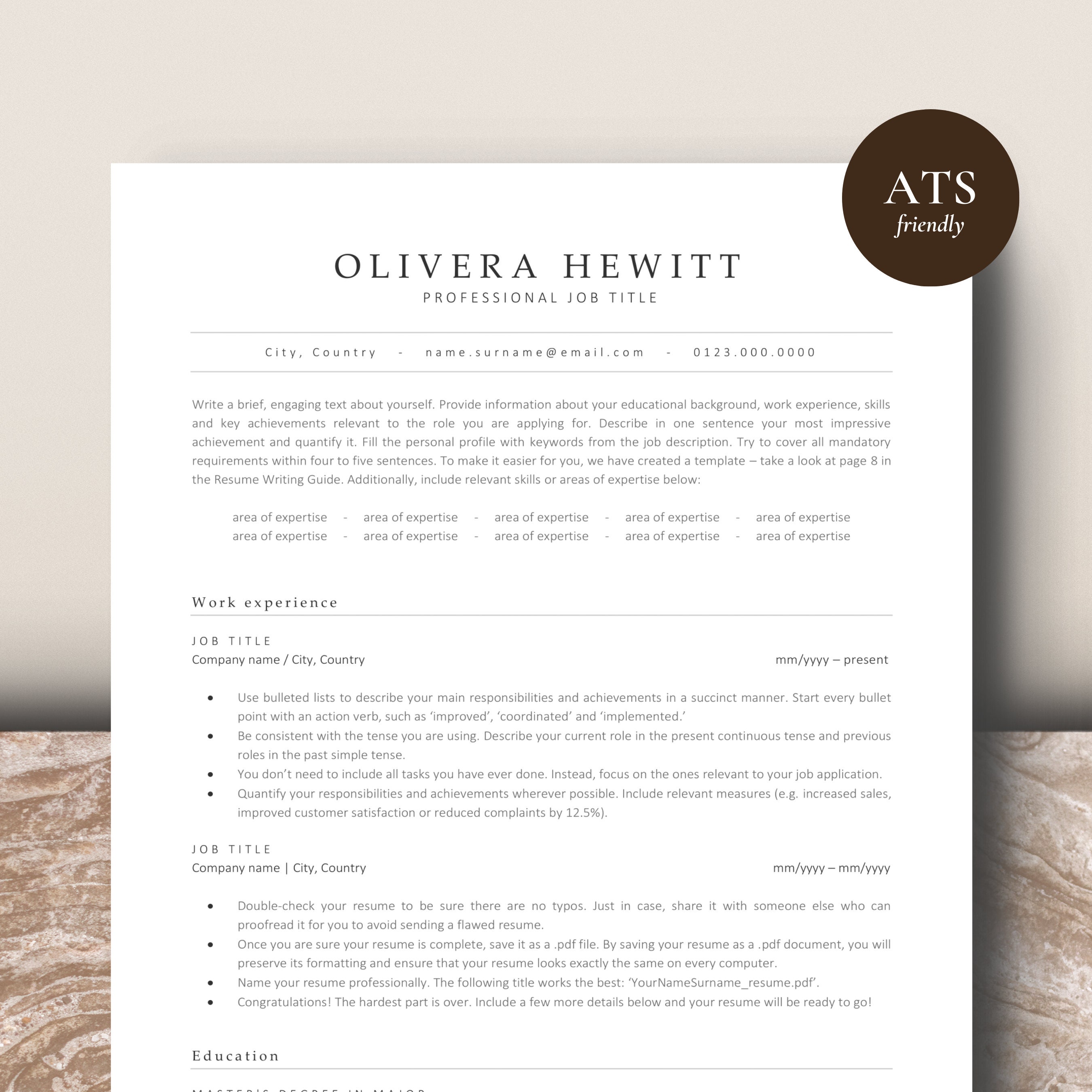 Modèle de CV convivial ATS Word, Pages, CV ATS, Modèle de CV ATS, CV minimaliste, CV simple, CV