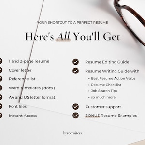 Puede incluir: Una lista de verificaci&oacute;n de los elementos incluidos en un paquete de curr&iacute;culum. La lista de verificaci&oacute;n incluye un curr&iacute;culum de 1 y 2 p&aacute;ginas, una carta de presentaci&oacute;n, una lista de referencias, plantillas de Word, formato A4 y US letter, archivos de fuentes, acceso instant&aacute;neo, una gu&iacute;a de edici&oacute;n de curr&iacute;culums, una gu&iacute;a de redacci&oacute;n de curr&iacute;culums con los mejores verbos de acci&oacute;n para curr&iacute;culums, una lista de verificaci&oacute;n de curr&iacute;culums, consejos de b&uacute;squeda de empleo, atenci&oacute;n al cliente y ejemplos de curr&iacute;culums adicionales. El texto "Here's All You'll Get" est&aacute; en la parte superior de la lista de verificaci&oacute;n.