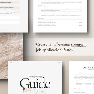 Top view of resume templates and resume writing guide on a beige background with a marble desk behind the CV pages. The text says, Create an all-around stronger job application faster.