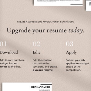 Puede incluir: Un fondo beige con un gr&aacute;fico que muestra tres pasos para crear una solicitud de empleo ganadora. Los pasos son descargar, editar y aplicar. El texto "Upgrade your resume today." est&aacute; en una fuente grande en la parte superior del gr&aacute;fico.