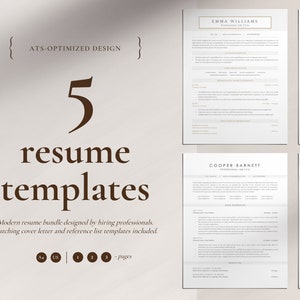 Könnte beinhalten: Fünf Lebenslaufvorlagen, die von Personalvermittlern entworfen wurden. Der Text "ATS-optimized design" befindet sich in einem braunen Kasten oben im Bild. Der Text "5 resume templates" ist in brauner Schrift. Der Text "Modern resume bundle designed by hiring professionals. Matching cover letter and reference list templates included." ist in brauner Schrift. Der Text "A4 US 1 2 3 - pages" ist in brauner Schrift.