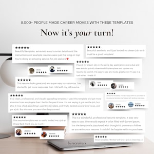 Customer reviews of resume templates on a grey background with a lamp and Macbook. Screenshots of multiple five-star reviews.